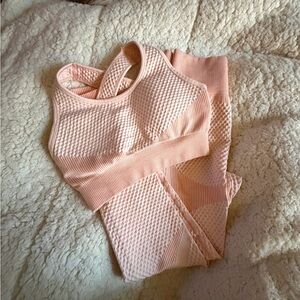 Salmon Pink Textured Sports Bra and Leggings Set